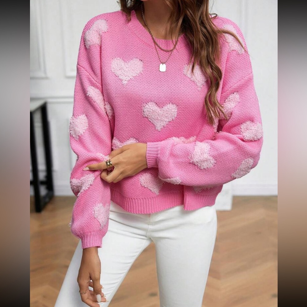 Pink Hearts Print Oversized Knit Sweater Top - Picture 2 of 6